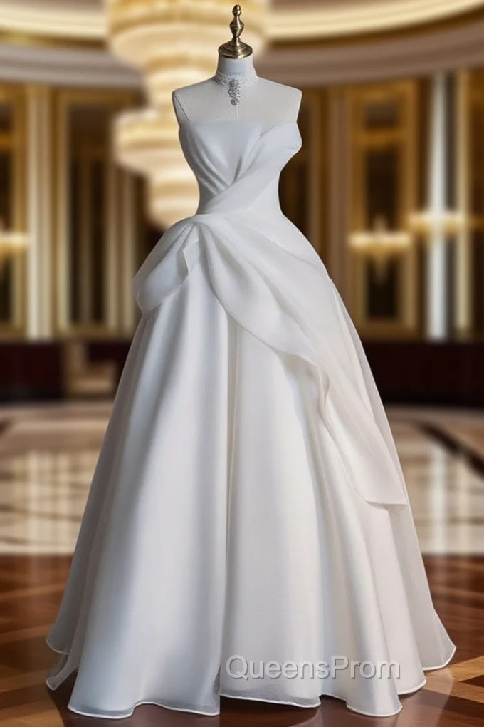 A-line Summer White Strapless Pleats Wedding Dress Main image