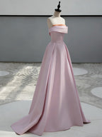 A-Line Sweep Train Satin Dark Pink Long Classy Prom Dress