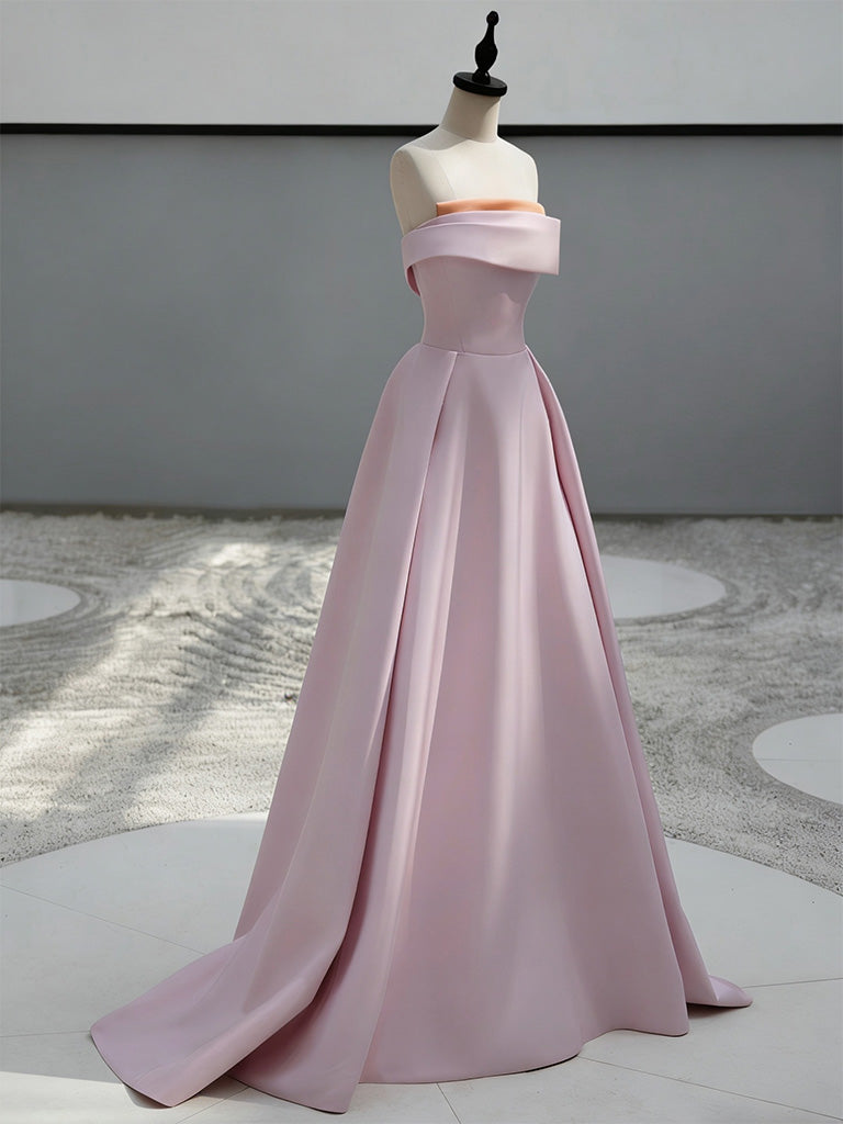 A-Line Sweep Train Satin Dark Pink Long Classy Prom Dress