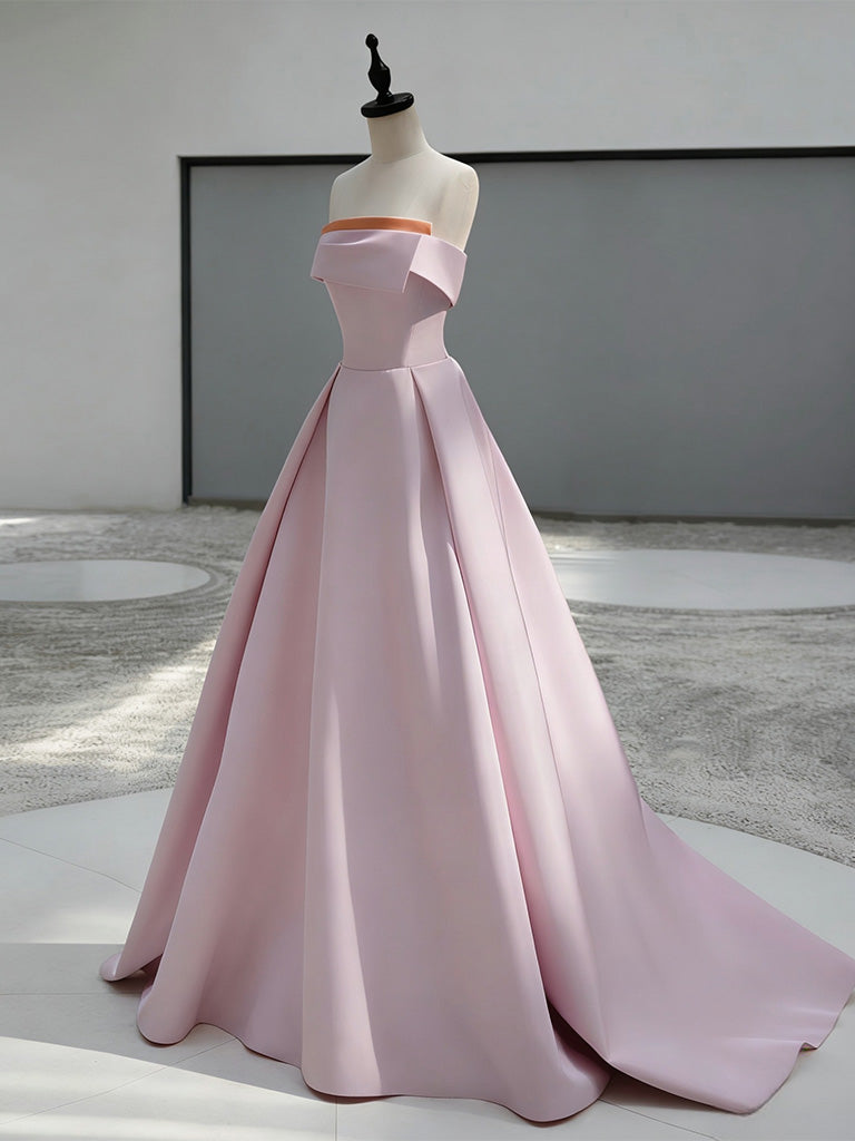 A-Line Sweep Train Satin Dark Pink Long Classy Prom Dress Main image
