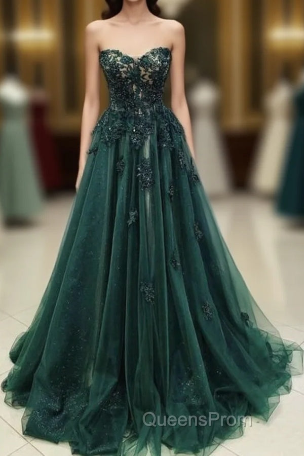 A Line Sweetheart Green Lace Long Evening Prom Dress