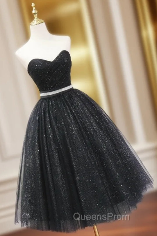 A-Line Sweetheart Neck Black Short Evening Prom Dress, Black Evening Dress Main image