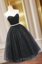 A-Line Sweetheart Neck Black Short Evening Prom Dress, Black Evening Dress