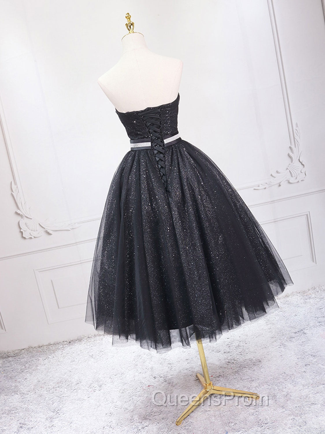 A-Line Sweetheart Neck Black Short Evening Prom Dress, Black Evening Dress