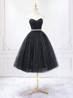 A-Line Sweetheart Neck Black Short Evening Prom Dress, Black Evening Dress