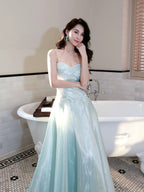 A-Line Sweetheart Neck Blue Long Classy Prom Dress