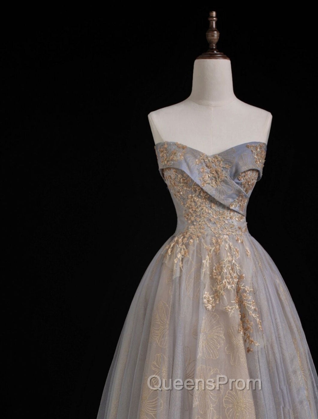 A Line Sweetheart Neck Gray Blue Long Evening Prom Dress, Gray Court Train Blue Evening Gowns Secondary image