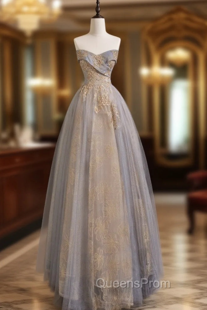 A Line Sweetheart Neck Gray Blue Long Evening Prom Dress, Gray Court Train Blue Evening Gowns Main image