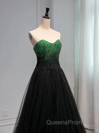 A Line Sweetheart Neck Green Beads Black Tulle Long Evening Prom Dress Evening Dress