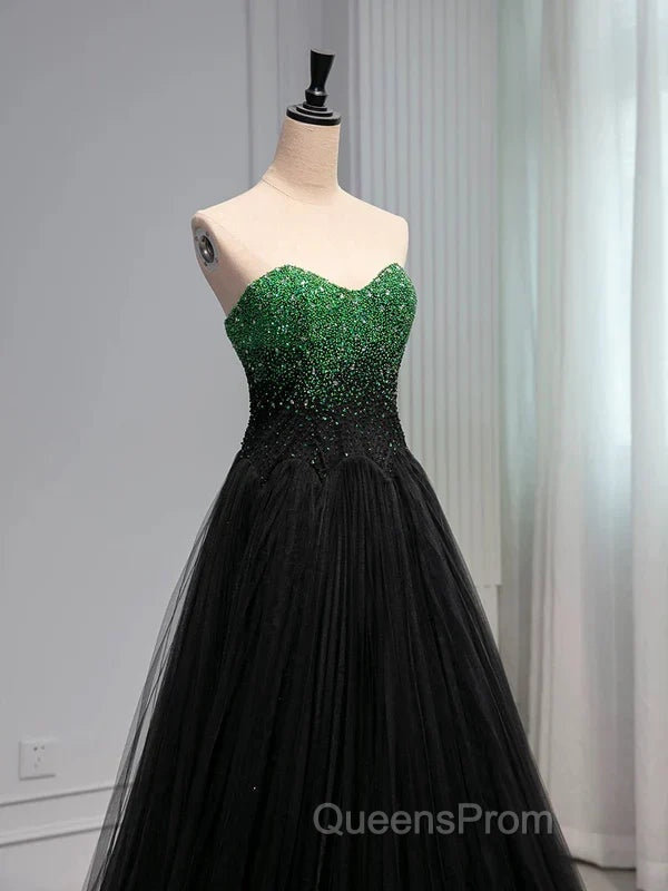 A Line Sweetheart Neck Green Beads Black Tulle Long Evening Prom Dress Evening Dress
