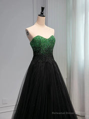 A Line Sweetheart Neck Green Beads Black Tulle Long Prom Dress Evening Dress