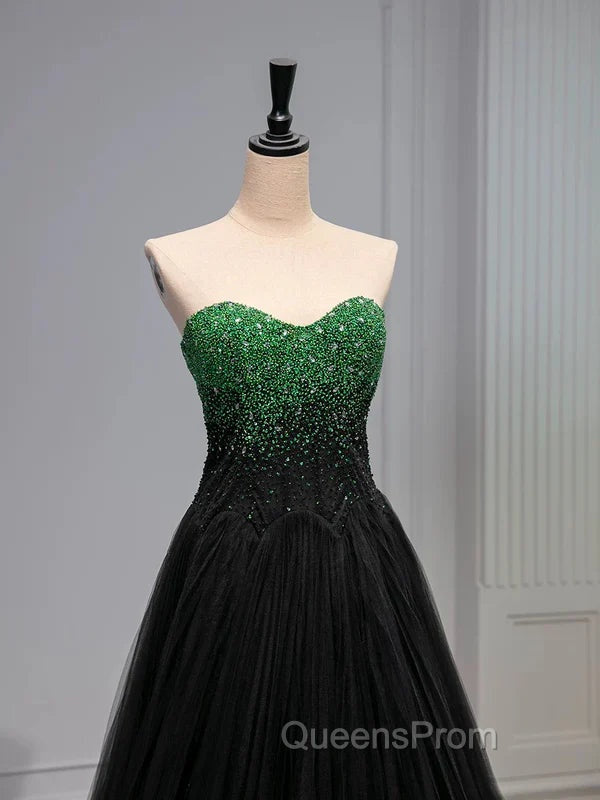 A Line Sweetheart Neck Green Beads Black Tulle Long Evening Prom Dress Evening Dress
