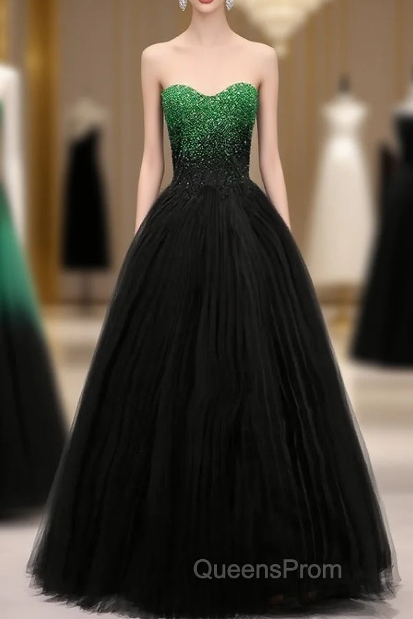 A Line Sweetheart Neck Green Beads Black Tulle Long Evening Prom Dress Evening Dress Main image