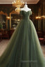 A-Line Sweetheart Neck Green Long Evening Prom Dress, Sweep Train Green Evening Dress