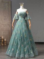 A-Line Sweetheart Neck Green Long Prom Dresses, Green Lace Formal Dress