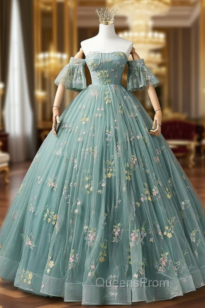 A-Line Sweetheart Neck Green Long Evening Prom Dress, Green Lace Evening Dress