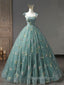 A-Line Sweetheart Neck Green Long Evening Prom Dress, Green Lace Evening Dress