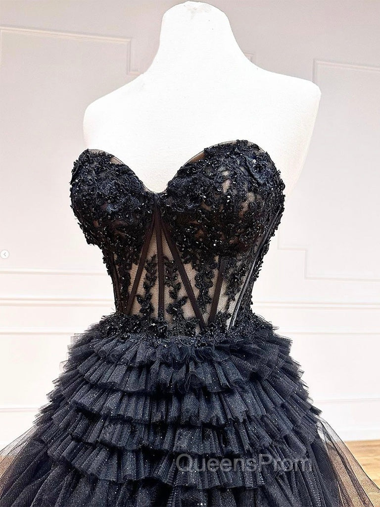 A-Line Sweetheart Neck Lace Black Long Evening Prom Dress, Black Evening Dress