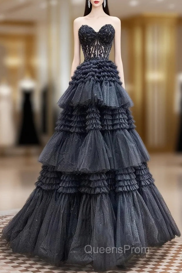 A-Line Sweetheart Neck Lace Black Long Evening Prom Dress, Black Evening Dress Main image