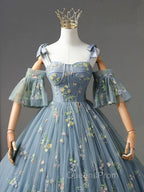 A-Line Sweetheart Neck Lace Gray Blue Long Evening Prom Dress, Gray Blue Sweet 16 Dress
