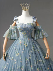 A-Line Sweetheart Neck Lace Gray Blue Long Evening Prom Dress, Gray Blue Sweet 16 Dress