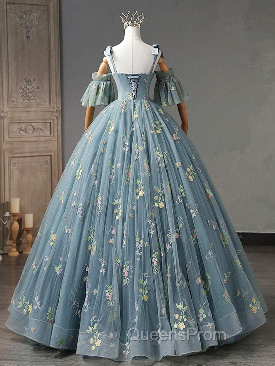 A-Line Sweetheart Neck Lace Gray Blue Long Evening Prom Dress, Gray Blue Sweet 16 Dress