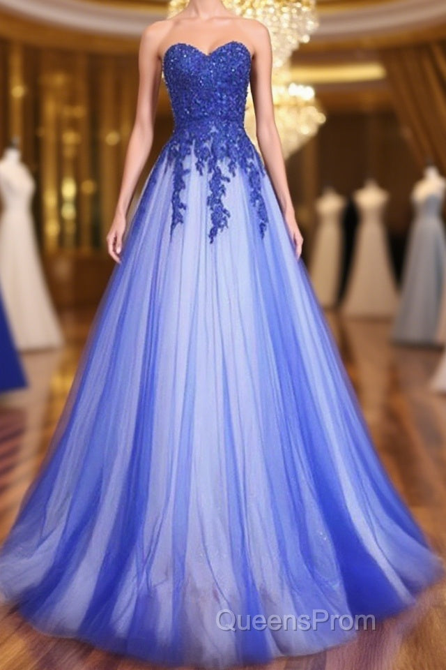 A Line Sweetheart Neck Lace Tulle Blue Long Evening Prom Dress, Blue Formal Dress, Blue Lace Evening Dress Main image