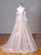 A-Line Sweetheart Neck Long Sleeve Lace Tulle Light Champagne Long Evening Prom Dress