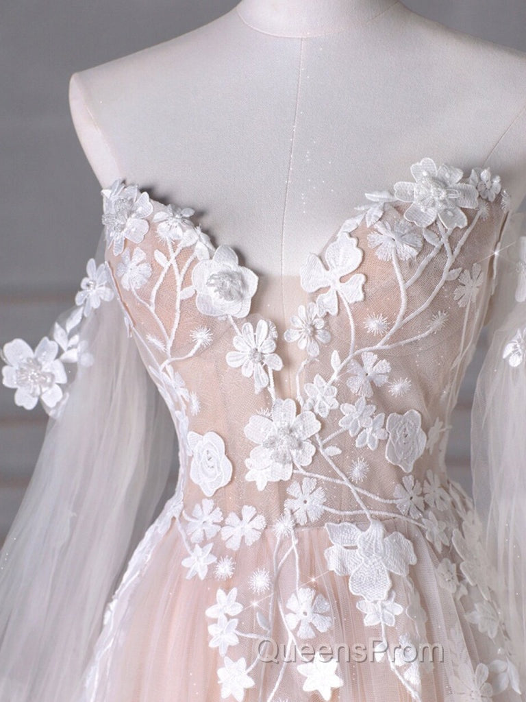 A-Line Sweetheart Neck Long Sleeve Lace Tulle Light Champagne Long Evening Prom Dress