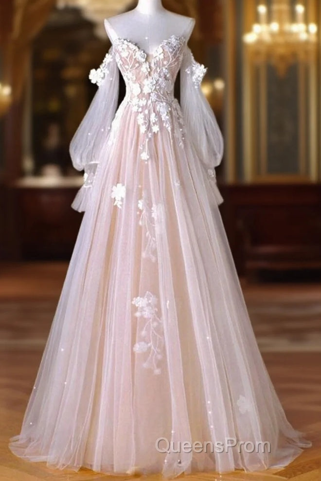 A-Line Sweetheart Neck Long Sleeve Lace Tulle Light Champagne Long Evening Prom Dress Main image