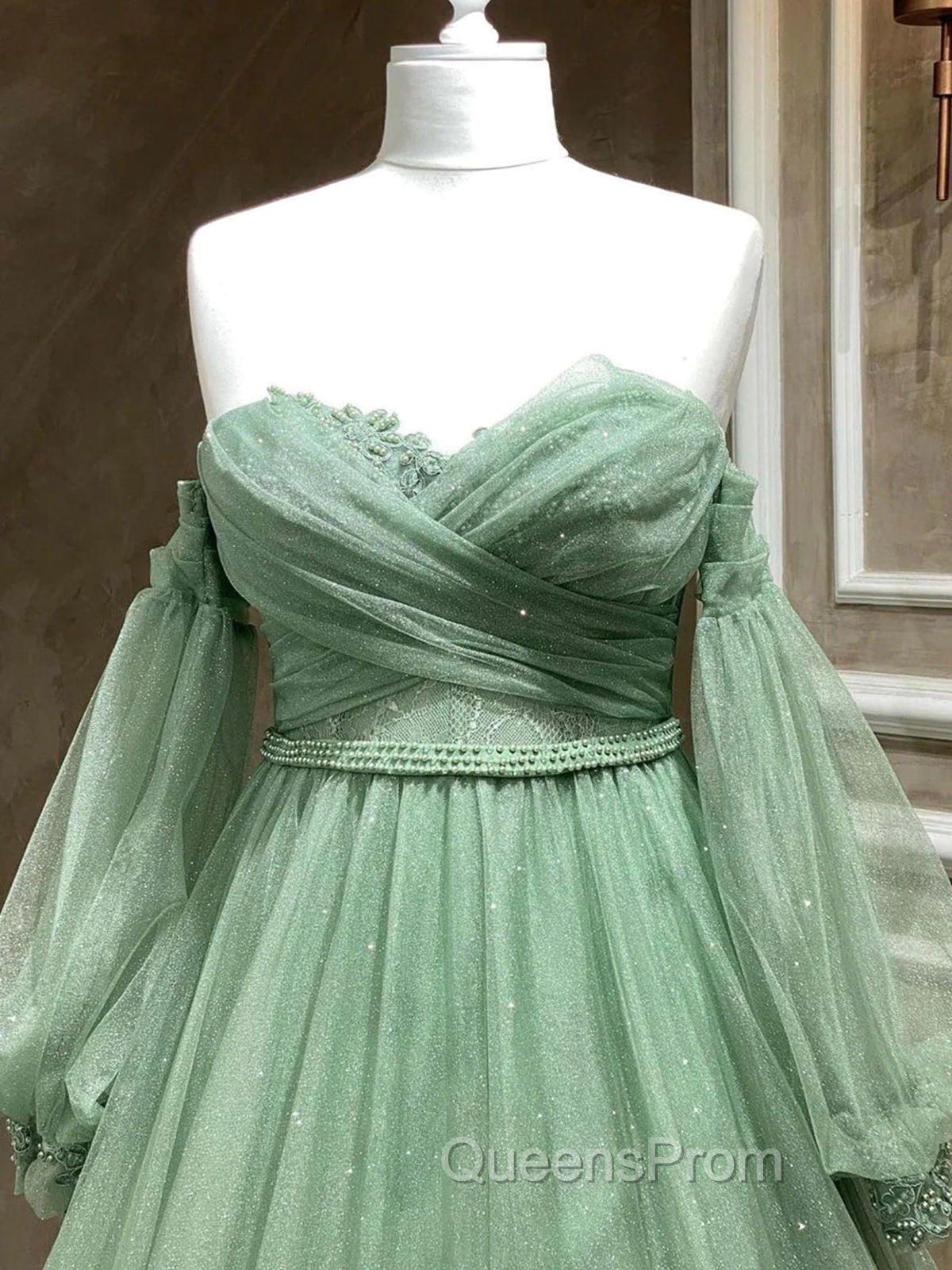 A Line Sweetheart Neck Long Sleeves Green Tulle Long Evening Prom Dress, Long Green Evening Dress Secondary image