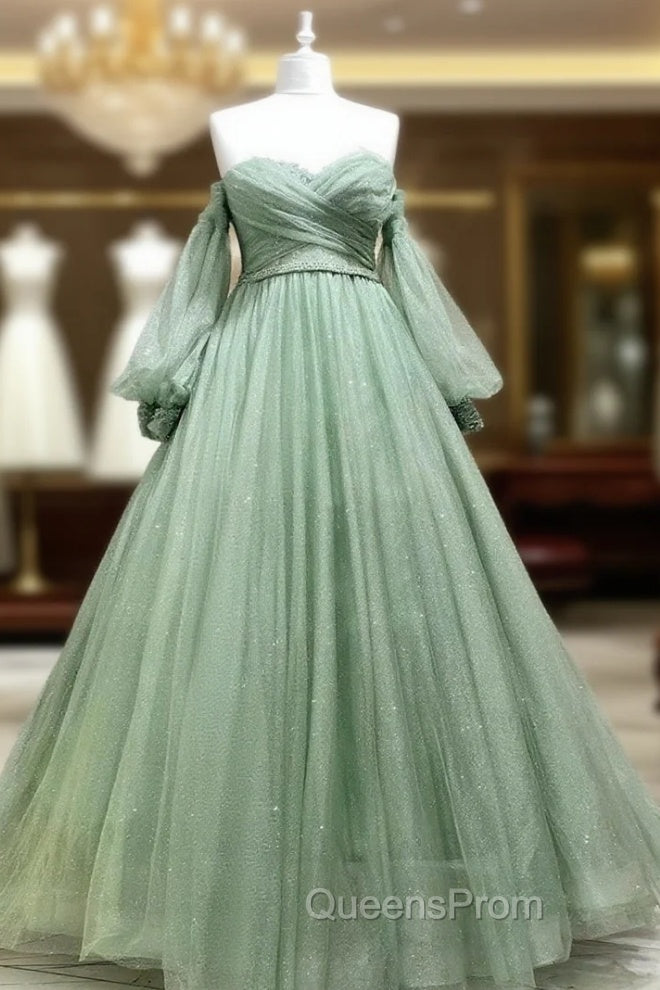 A Line Sweetheart Neck Long Sleeves Green Tulle Long Evening Prom Dress, Long Green Evening Dress Main image
