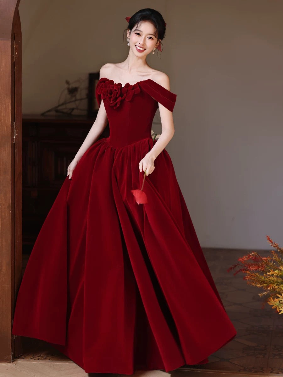 A-Line Sweetheart Neck Off Shoulder Floor Length Burgundy Classy Prom Dress