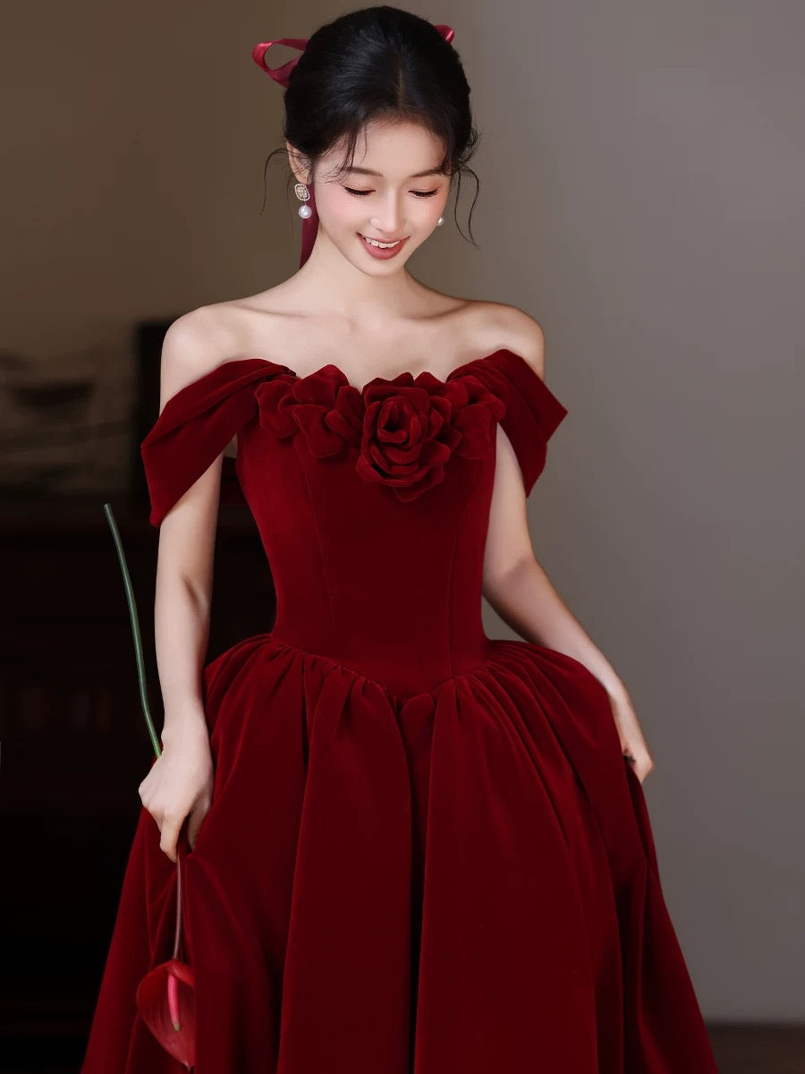 A-Line Sweetheart Neck Off Shoulder Floor Length Burgundy Classy Prom Dress