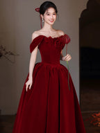 A-Line Sweetheart Neck Off Shoulder Floor Length Burgundy Classy Prom Dress