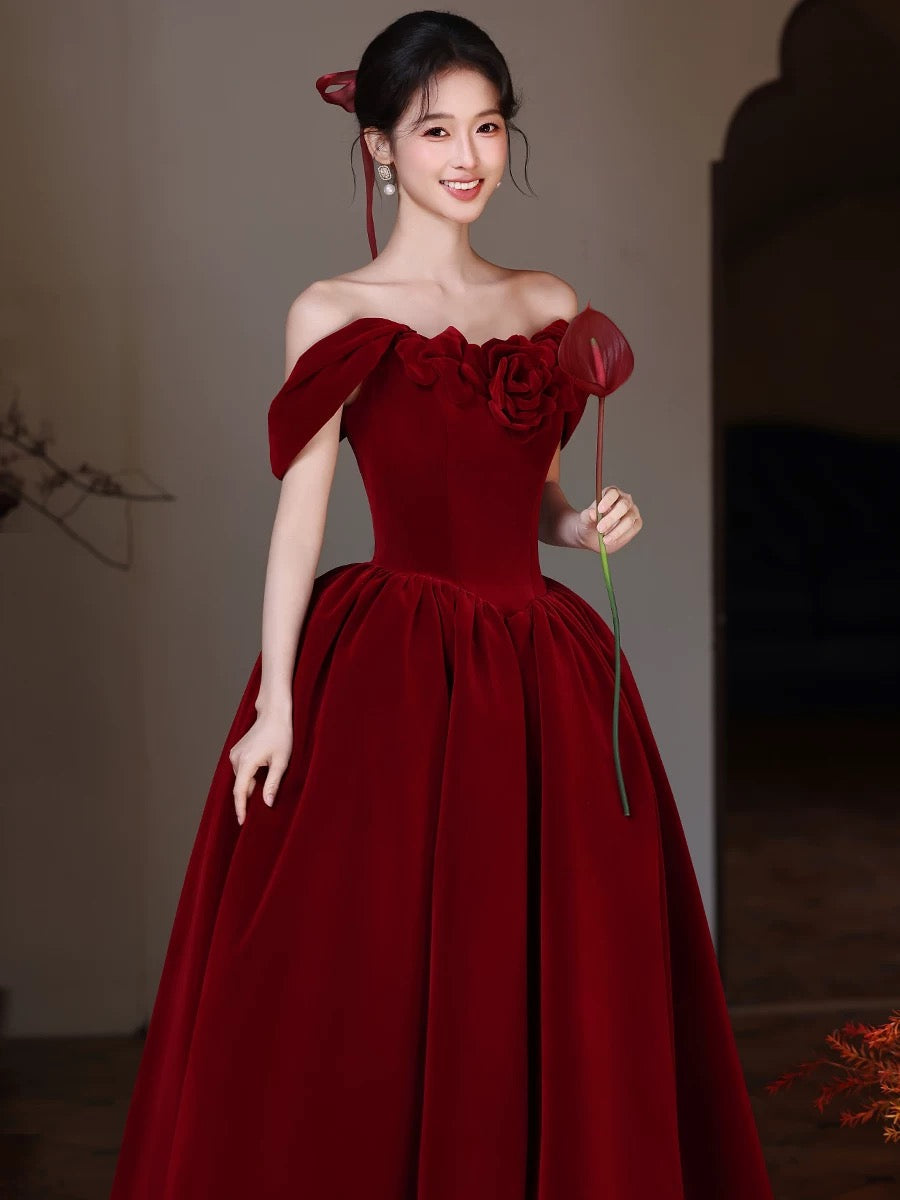 A-Line Sweetheart Neck Off Shoulder Floor Length Burgundy Classy Prom Dress