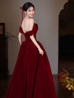 A-Line Sweetheart Neck Off Shoulder Floor Length Burgundy Classy Prom Dress