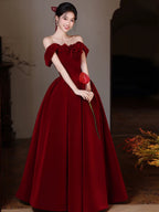 A-Line Sweetheart Neck Off Shoulder Floor Length Burgundy Classy Prom Dress
