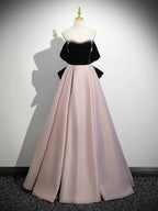 A-Line  Sweetheart Neck Off Shoulder Floor Length Pink Classy Prom Dress With Beads