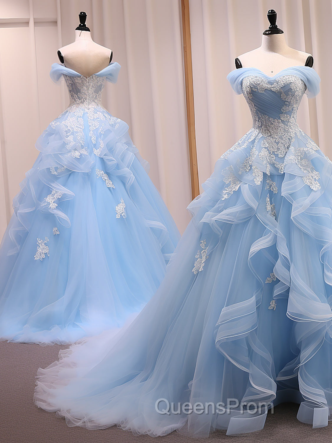 A-Line Sweetheart Neck Off Shoulder Tulle Lace Blue Long Evening Prom Dress, Blue Sweet 16 Dress Secondary image