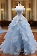 A-Line Sweetheart Neck Off Shoulder Tulle Lace Blue Long Evening Prom Dress, Blue Sweet 16 Dress