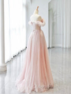 A-Line Sweetheart Neck Off Shoulder Tulle Pink Long Evening Prom Dress, Pink Long Evening Dress