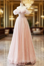 A-Line Sweetheart Neck Off Shoulder Tulle Pink Long Evening Prom Dress, Pink Long Evening Dress