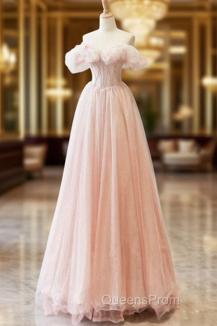 A-Line Sweetheart Neck Off Shoulder Tulle Pink Long Evening Prom Dress, Pink Long Evening Dress