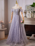 A-Line Sweetheart Neck Off Shoulder Tulle Sequin Gray Blue Long Classy Prom Dress