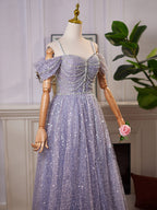 A-Line Sweetheart Neck Off Shoulder Tulle Sequin Gray Blue Long Classy Prom Dress