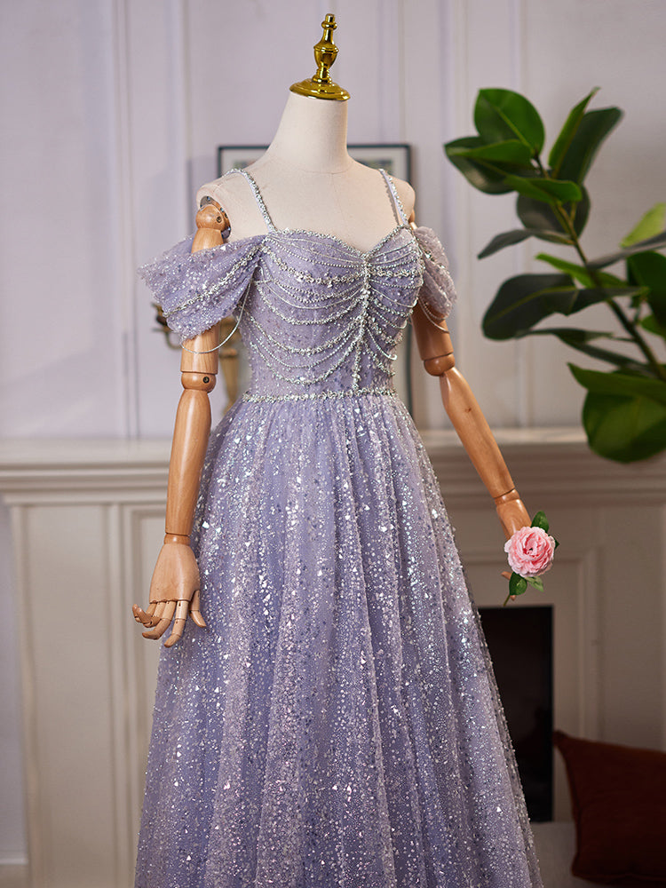 A-Line Sweetheart Neck Off Shoulder Tulle Sequin Gray Blue Long Classy Prom Dress