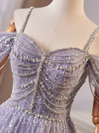 A-Line Sweetheart Neck Off Shoulder Tulle Sequin Gray Blue Long Classy Prom Dress