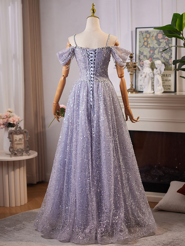 A-Line Sweetheart Neck Off Shoulder Tulle Sequin Gray Blue Long Classy Prom Dress