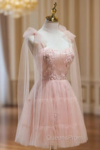 A Line Sweetheart Neck Pink Short Evening Prom Dress, Evening Puffy Pink Homecoming Dress with Lace Applique Beading